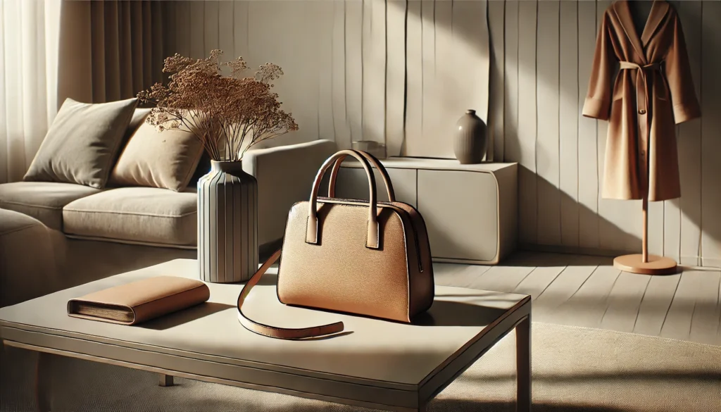 DALL·E 2024 07 13 10.18.04 A photographic style image featuring a leather womens handbag on a minimalist table with clean lines and neutral colors. The setting is stylish and c